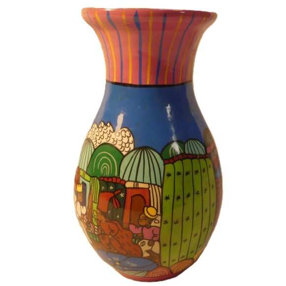 Couumel Island Mexico Brightly Colored Painted Vase Village Scene Hand Crafted - Picture 9 of 9